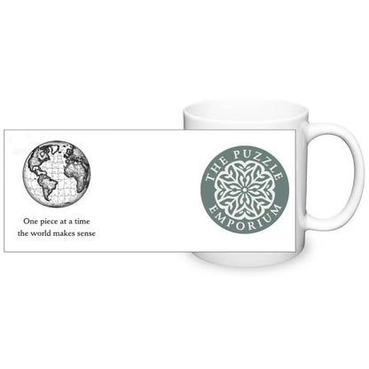 "one piece at a time the world makes sense" tanquility mug white ceramic text and logo quote