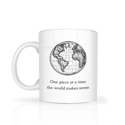 "one piece at a time the world makes sense" tanquility mug white ceramic quote