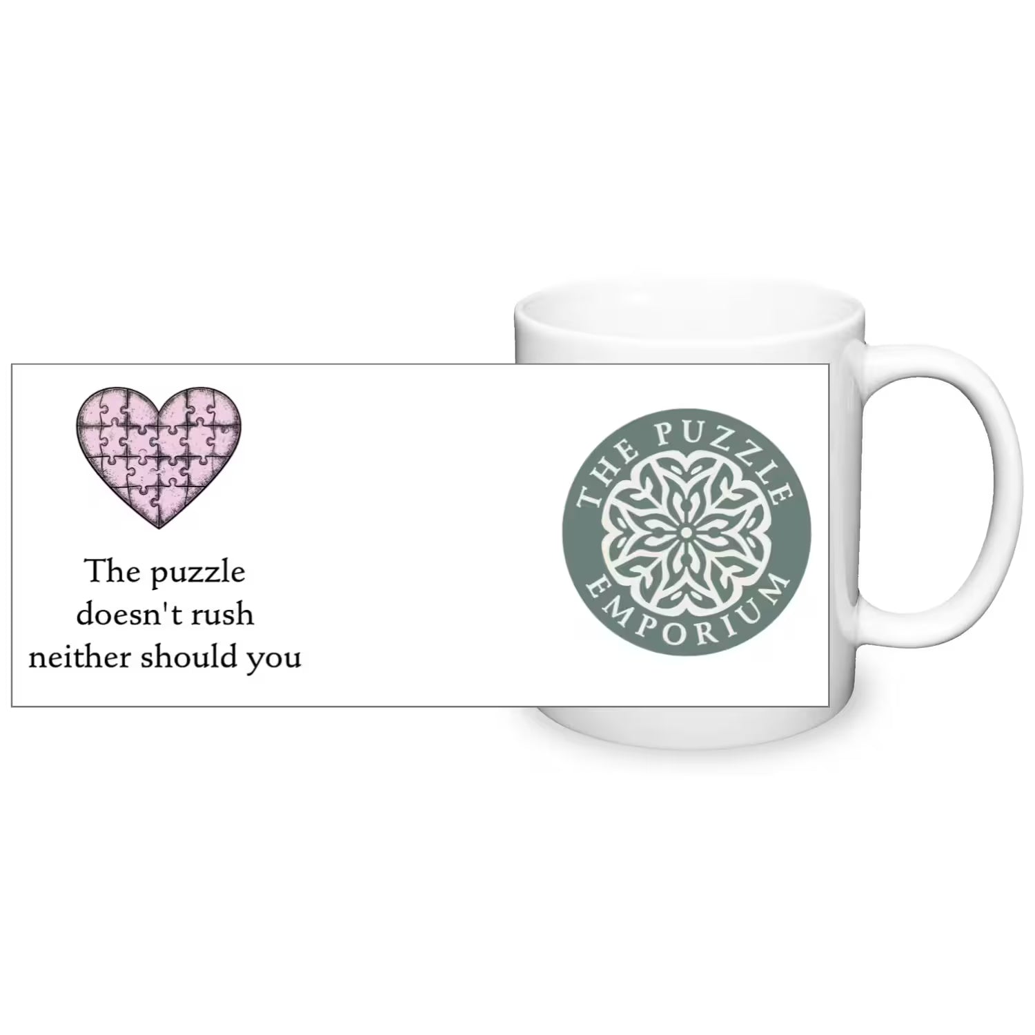 White mug with a heart design and text, featuring the Puzzle Emporium logo.