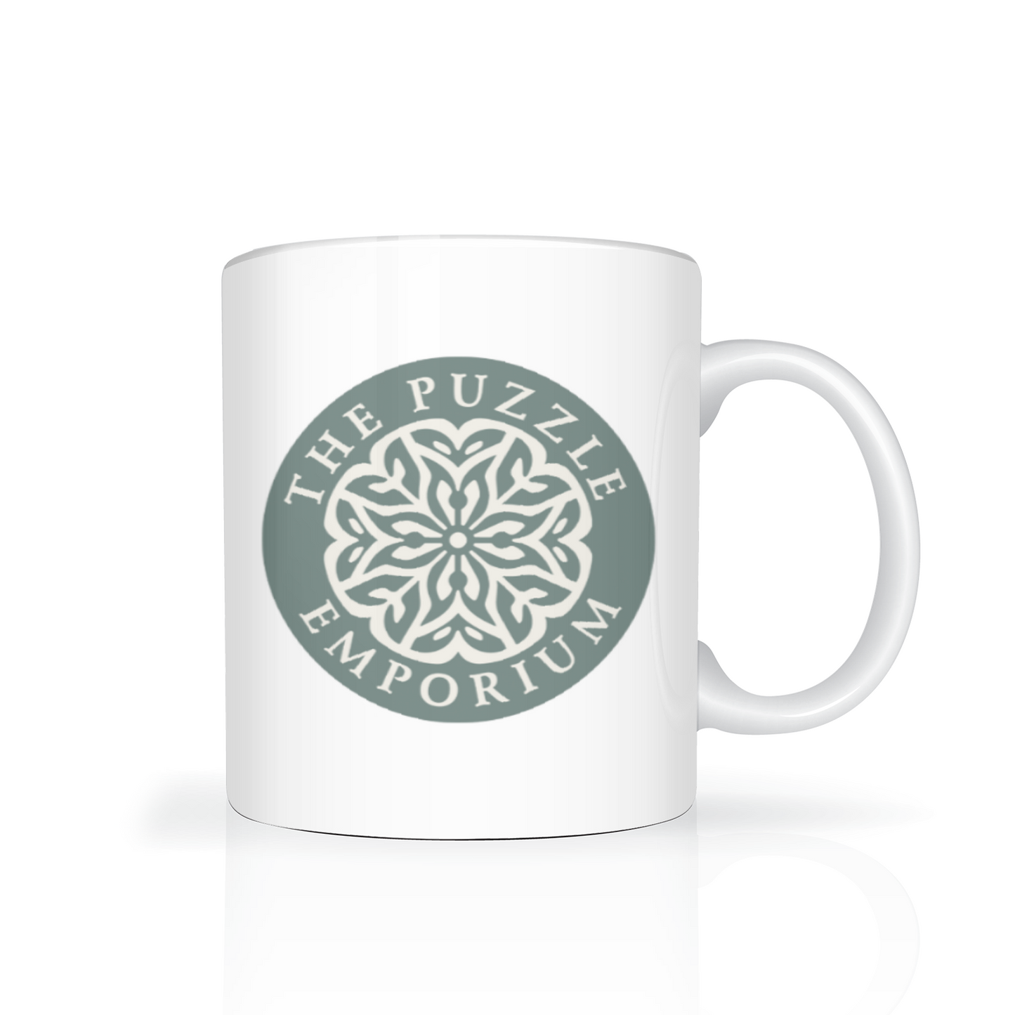 White mug with a green logo and text on a white background