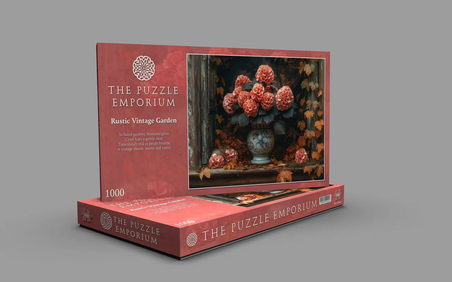Puzzle box from The Puzzle Emporium with a rustic vintage garden design on a gray background