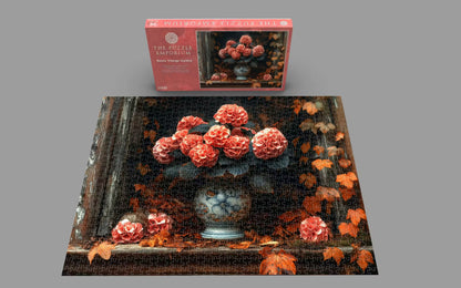 Jigsaw puzzle with floral design and packaging in the background