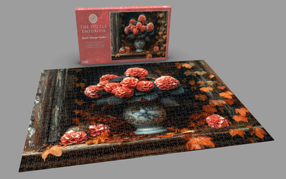 Jigsaw puzzle with floral design and packaging on a gray background