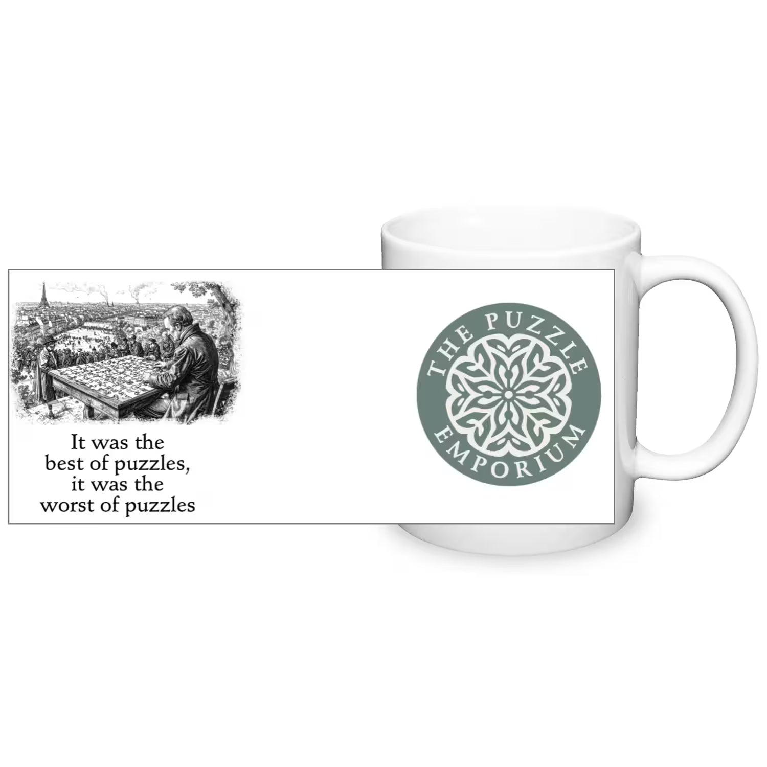 "it was the best of puzzles it was the worst of puzzles" text and logo on white ceramic mug