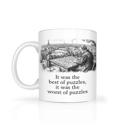 "it was the best of puzzles it was the worst of puzzles" quote on white ceramic mug