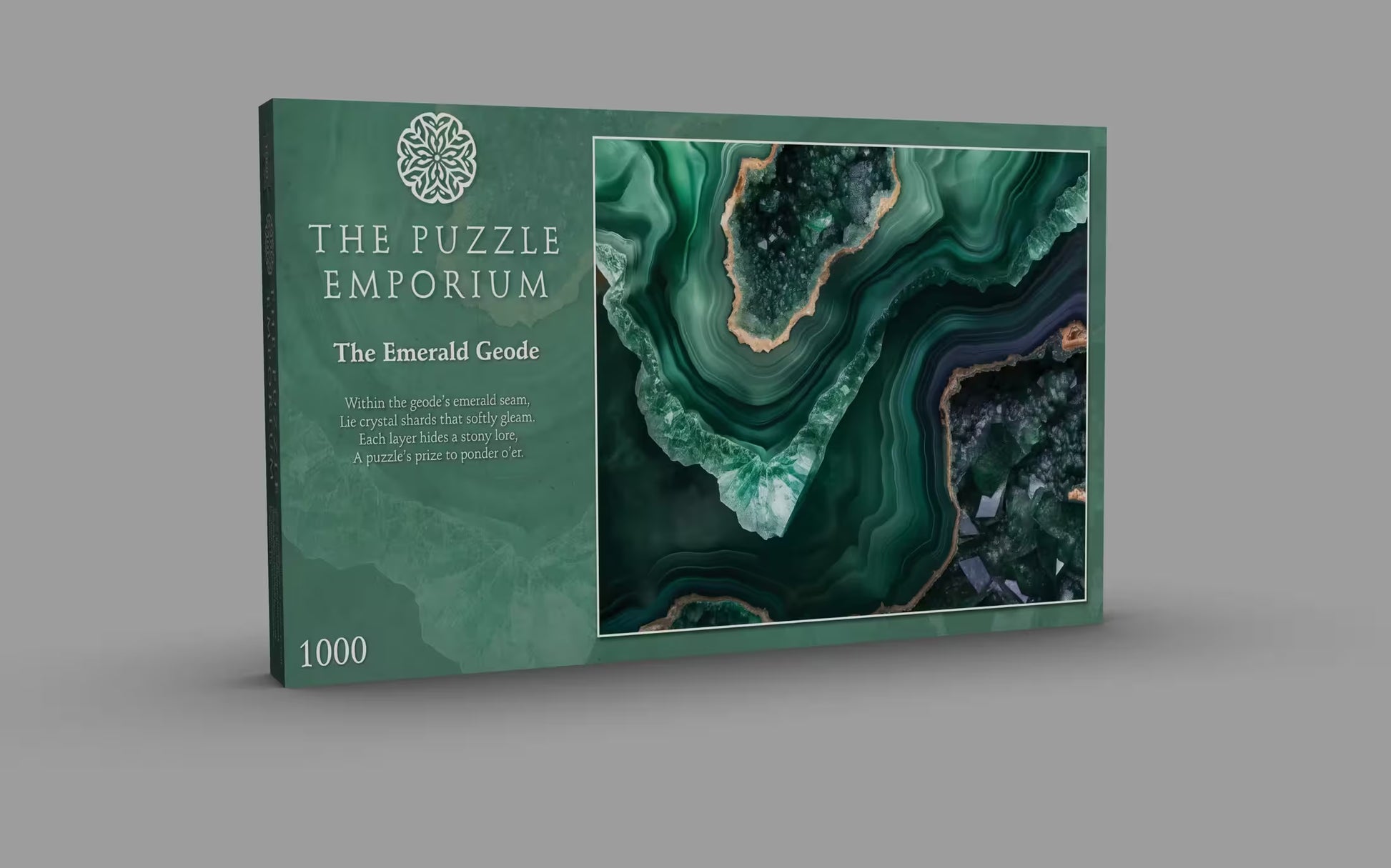 Puzzle box titled 'The Puzzle Emporium The Emerald Geode' on a gray background